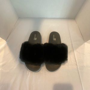 Stretch Lab faux fur upper band, comfort footbed women's slide sandals, black